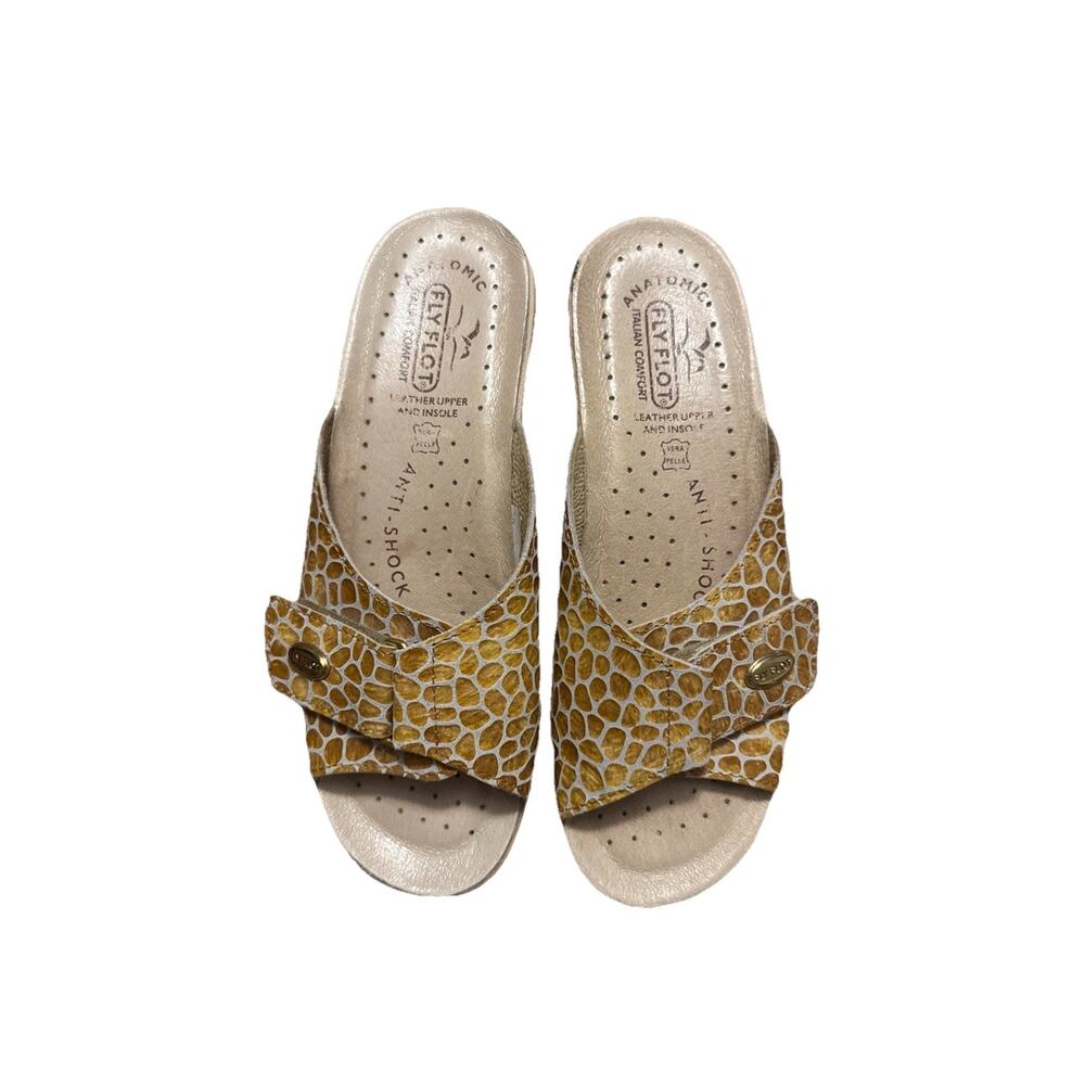 Fly Flot Women's Slip On Slide Wedge Sandals Yellow Faux Snakeskin US 6 EU 36